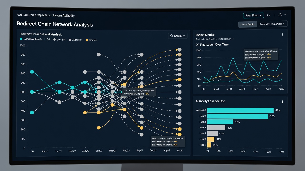 Analytics dashboard displaying redirect chain metrics and domain authority scores