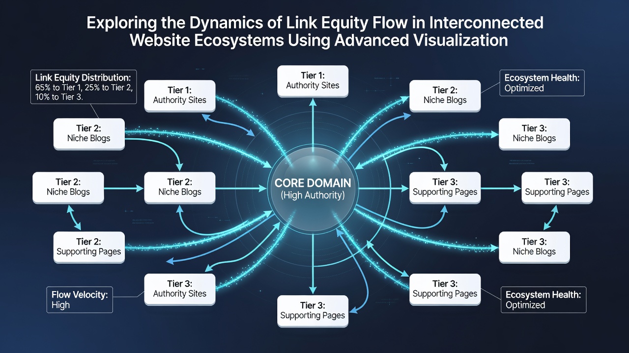 Interactive 3D network graph showing equity flow paths between multiple website domains with highlighted transfer clusters